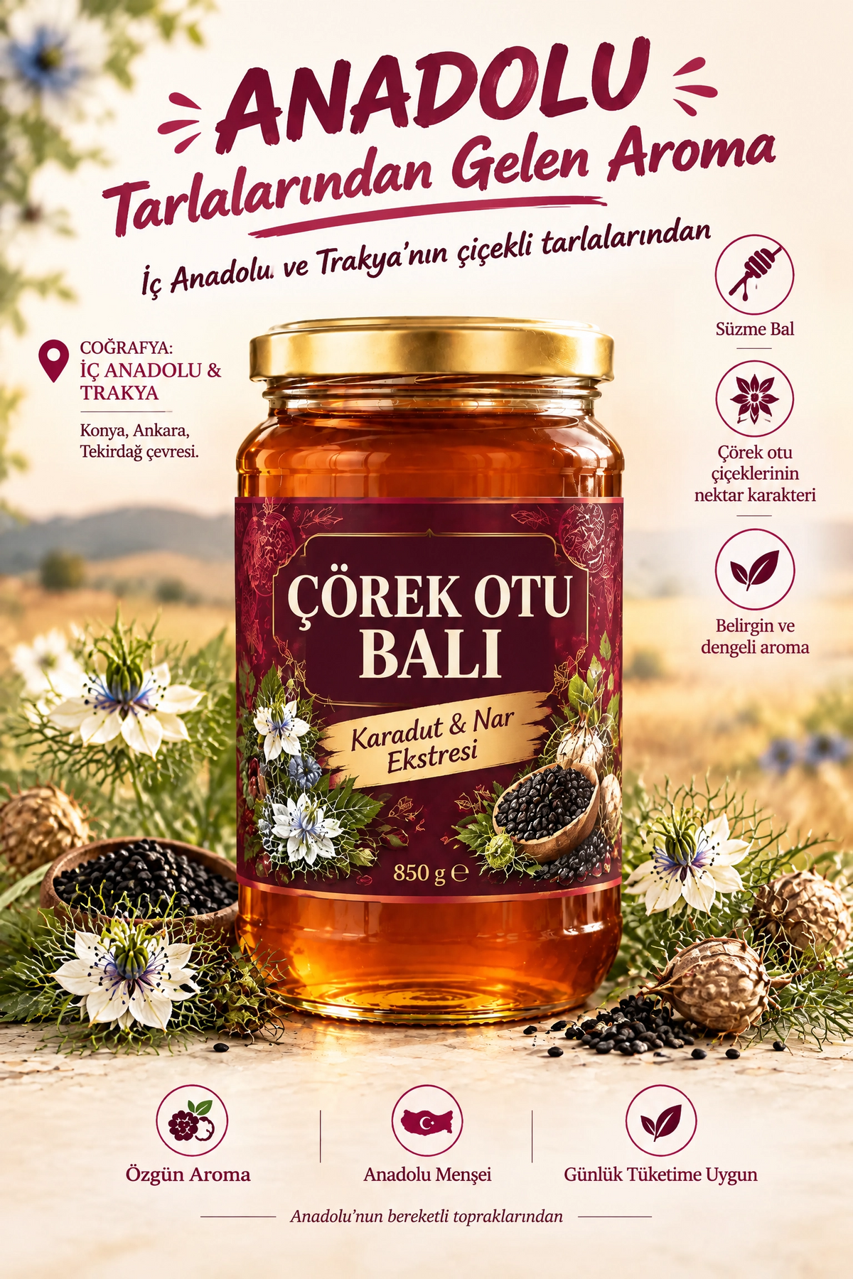 Çörek Otu Balı Anadolu tarlalarından gelen özgün Bal 850 gr