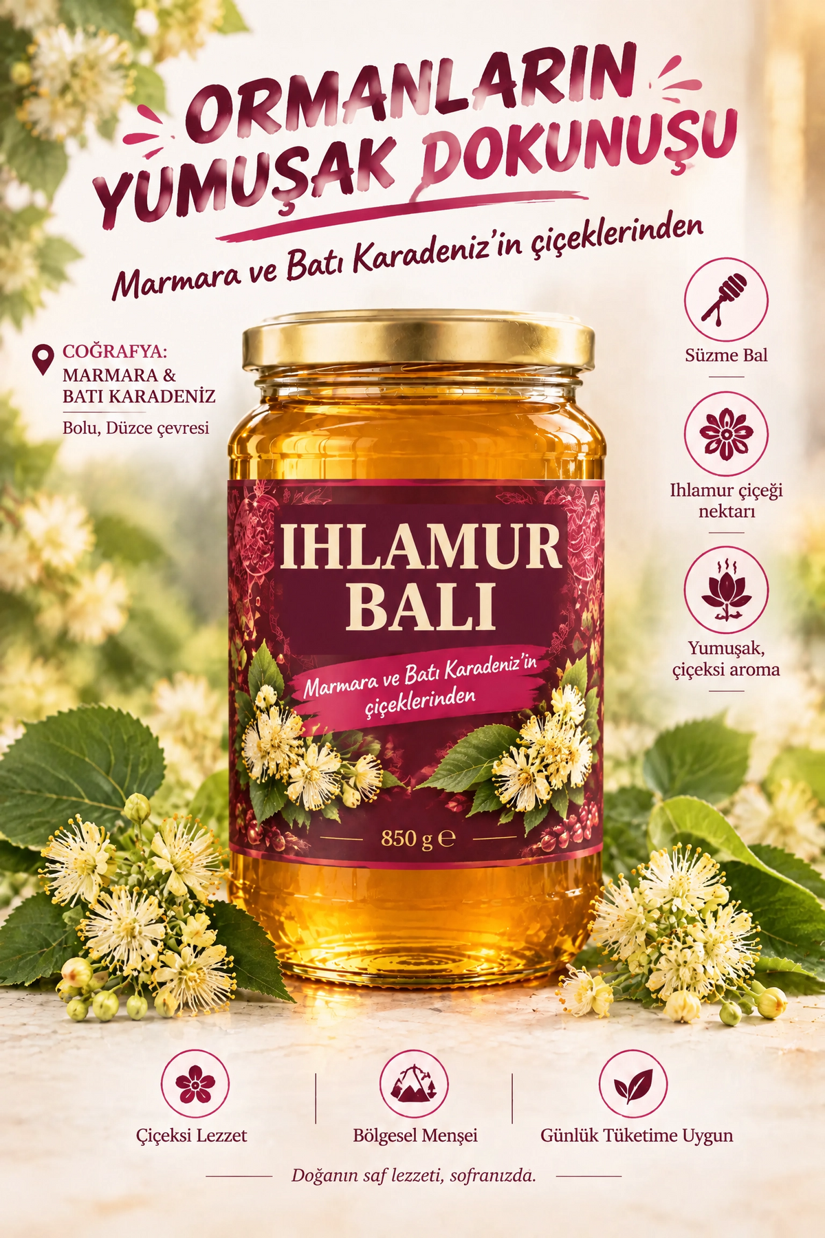Ihlamur Balı Marmara ve Batı Karadeniz’in yumuşak çiçeksi dokunuşu 850 gr