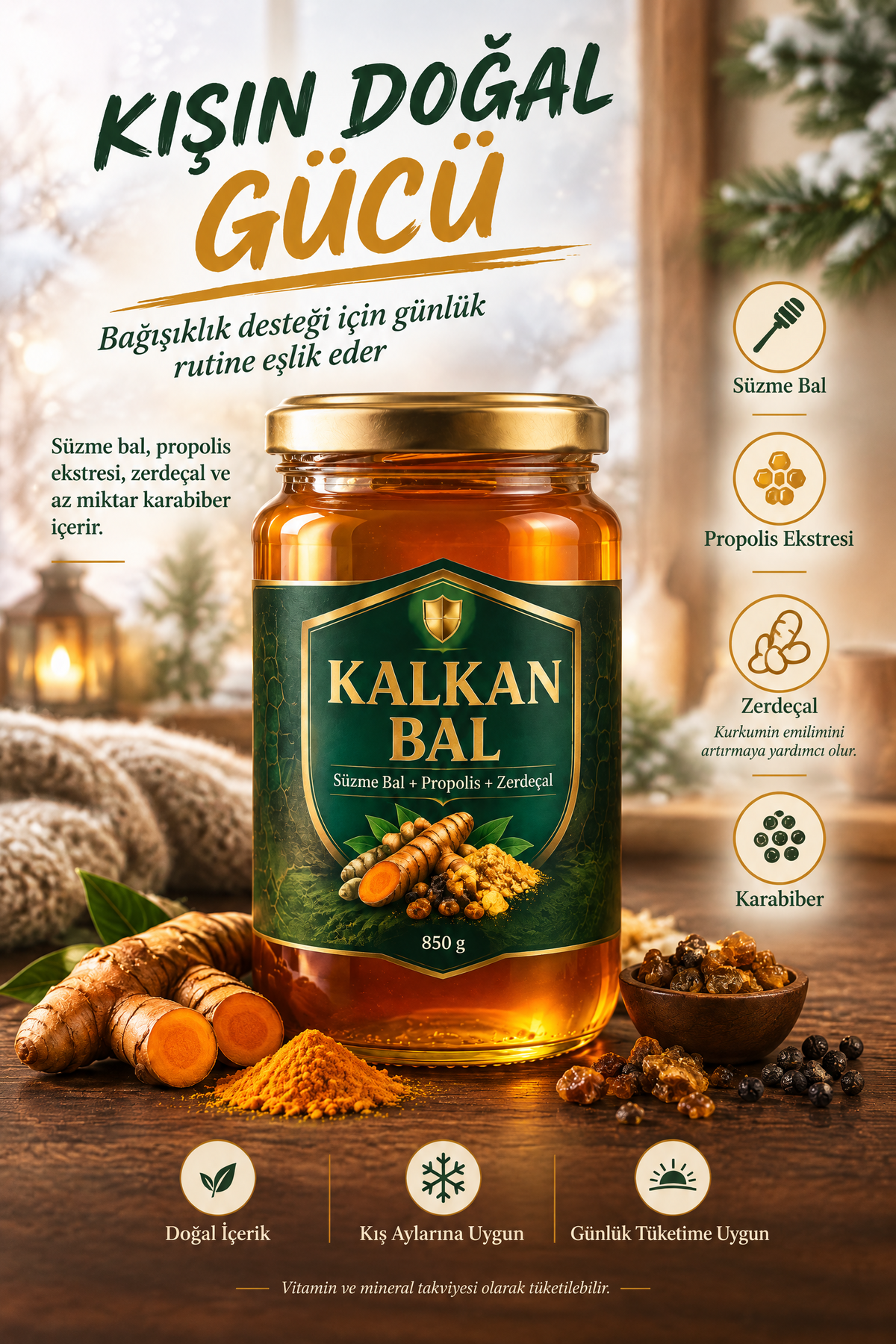 Kış Ayları İçin Bağışıklık Desteği Sağlayan Karışım Kalkan Bal (Propolis & Zerdeçal) 850 gr