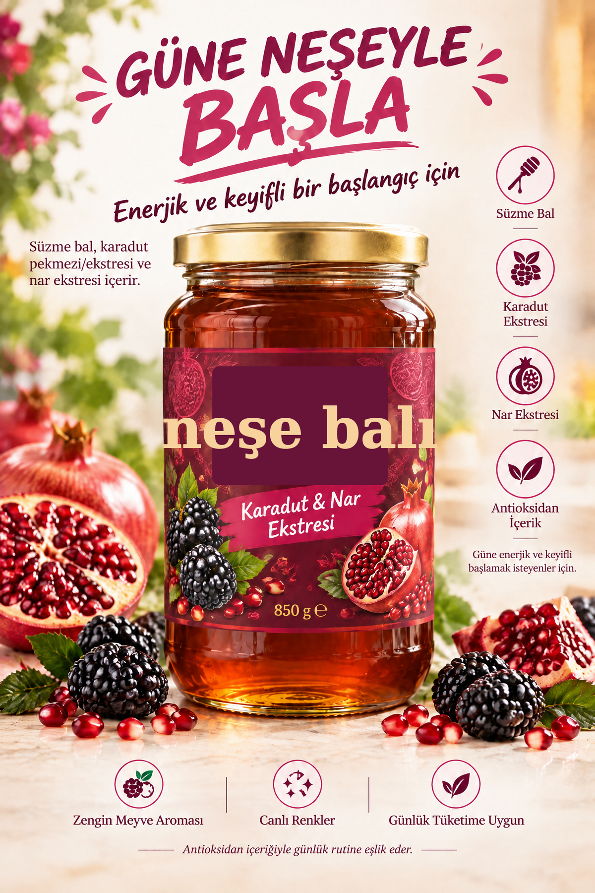 Güne Enerjik ve Keyifli Başlamak İsteyenler İçin Neşe Balı (Karadut & Nar Ekstresi) 850 Gr