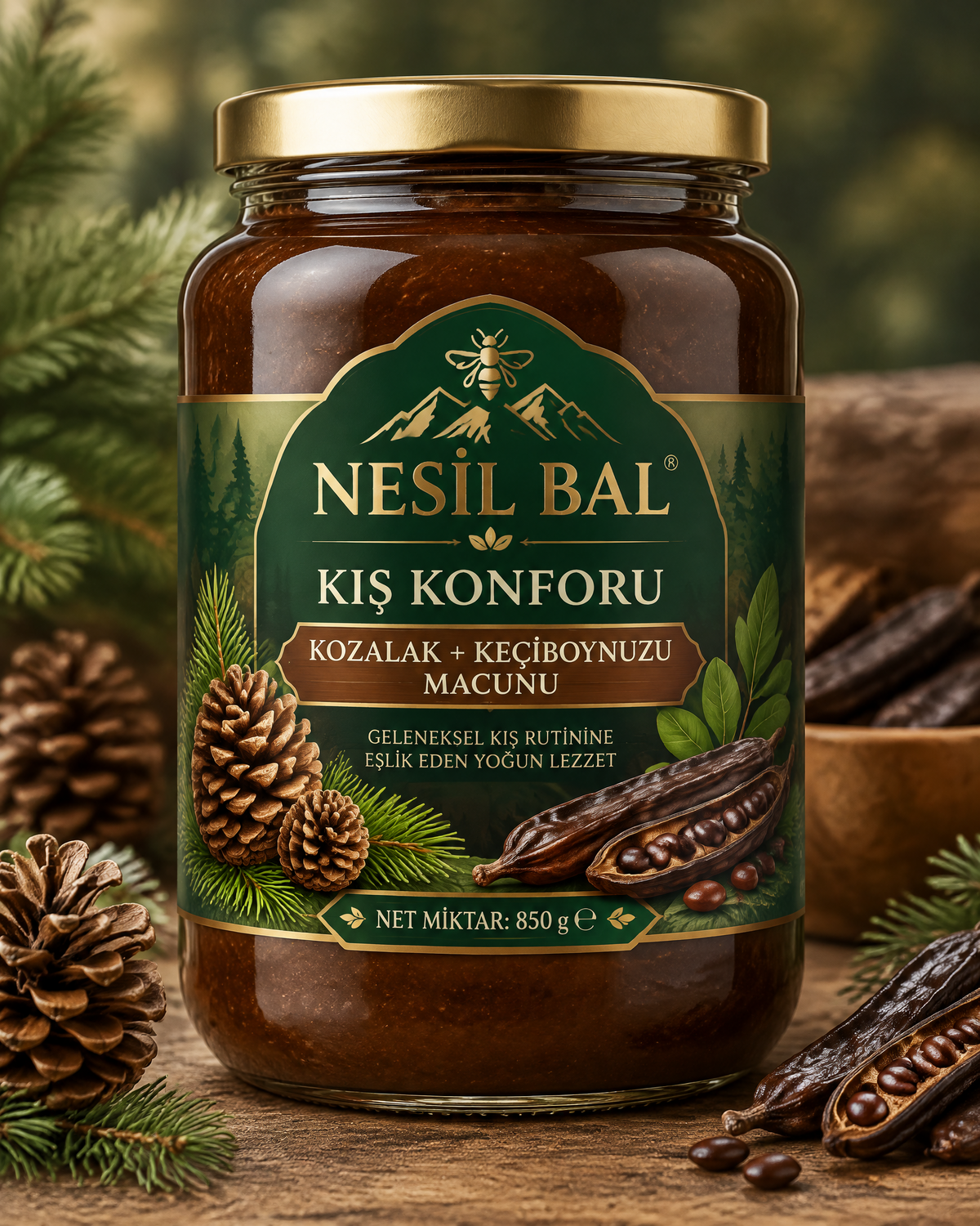 Geleneksel kış rutinine eşlik eden yoğun lezzet. Kozalak + Keçiboynuzu Macunu — 850 g