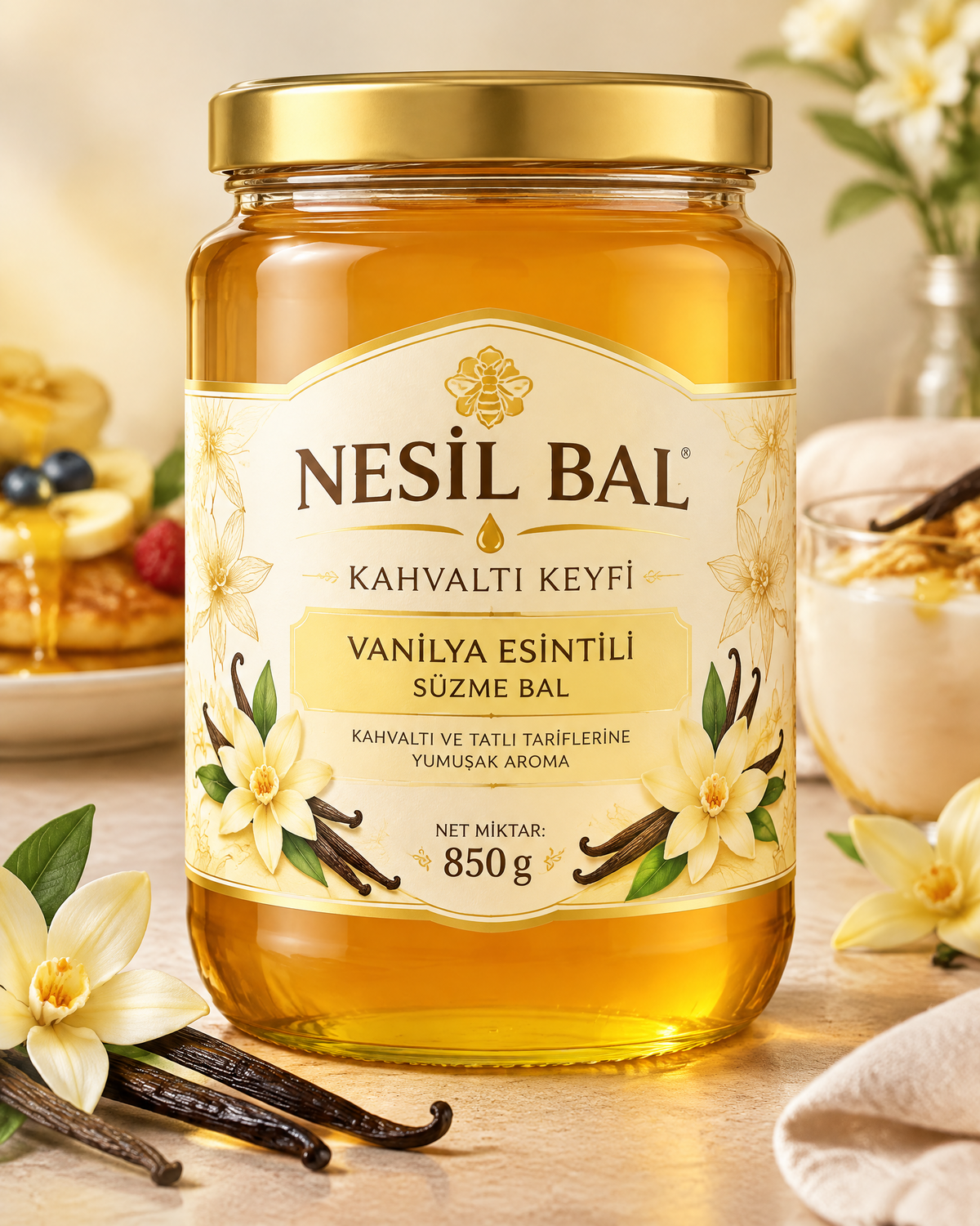 Kahvaltı ve tatlı tariflerine yumuşak Bal Vanilya Esintili Süzme Bal — 850 g