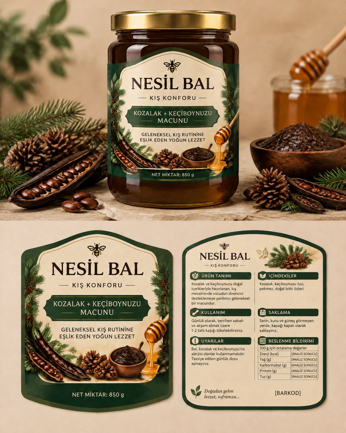 Geleneksel kış rutinine eşlik eden yoğun lezzet. Kozalak + Keçiboynuzu Macunu — 850 g