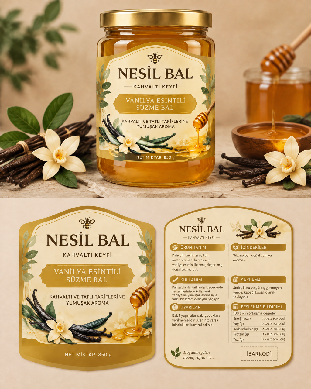 Kahvaltı ve tatlı tariflerine yumuşak Bal Vanilya Esintili Süzme Bal — 850 g